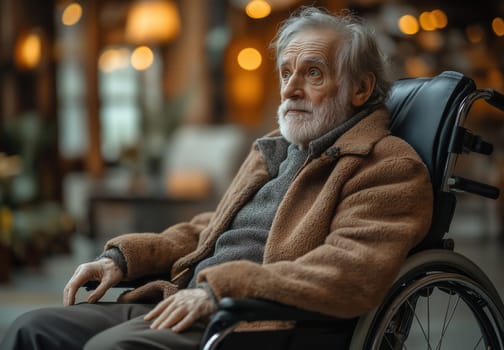 An elderly man sits in a wheelchair looking into the distance. Selective focus.