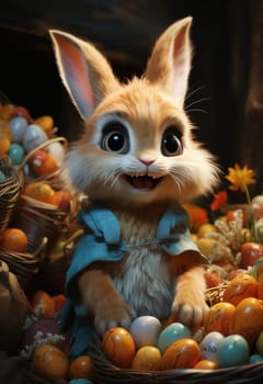 Cartoon Easter bunny and colorful eggs. Selective focus.