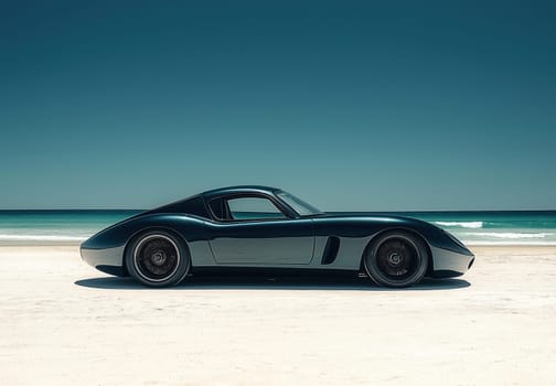 A car is standing on the white sand on the seashore. Selective focus.