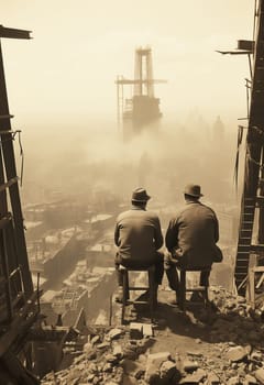 Workers sit on a skyscraper construction site and look down on the city. Selective focus.