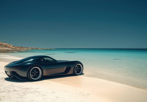 A car is standing on the white sand on the seashore. Selective focus.