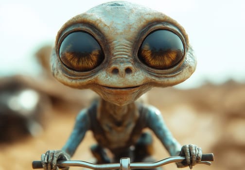 Whimsical alien with big eyes on a bicycle. Selective focus.