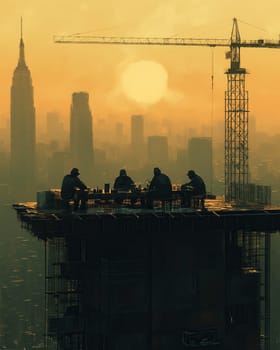 Lunch on Top of Skyscraper, Construction Site Break. Selective focus.