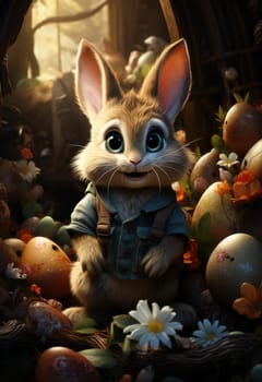 Cartoon Easter bunny and colorful eggs. Selective focus.