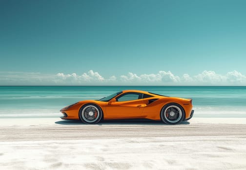 A car is standing on the white sand on the seashore. Selective focus.