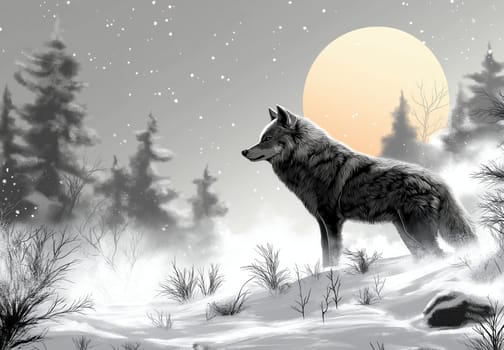 Black and white illustration of a lone wolf in a winter forest. Selective focus.