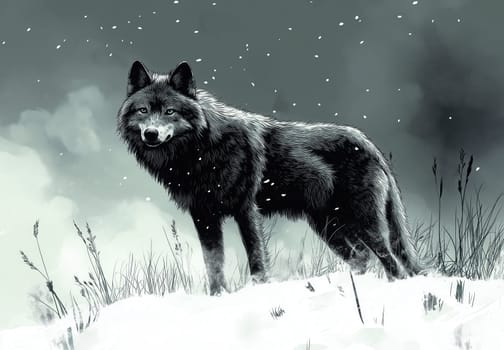 Black and white illustration of a lone wolf in a winter forest. Selective focus.