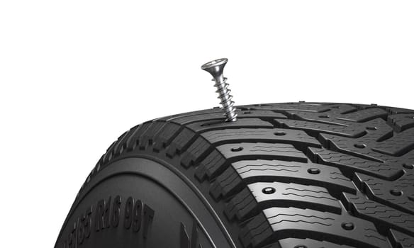 Winter car tire  punctured by  screw causing  problem. isolated 3d background