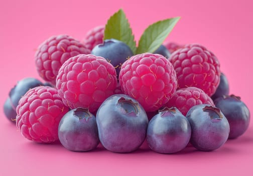 3d ripe blueberries and raspberries on a pink background. Selective focus.