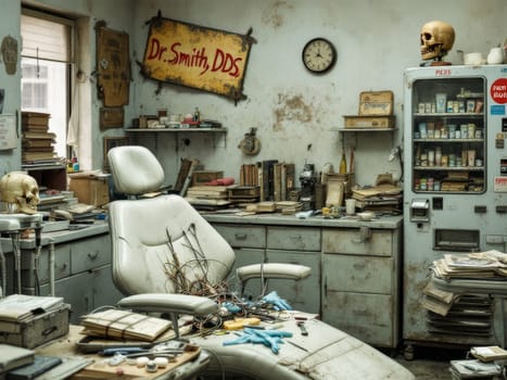 Messy abandoned dentist's office with skulls, medical tools, and old furniture, creating a creepy atmosphere. Ai generated