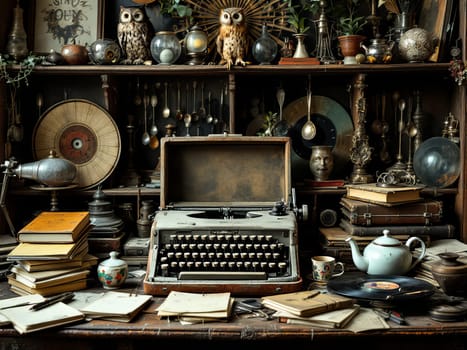 Old typewriter placed on a messy desk full of vintage objects and curiosities, suggesting a writer's workspace in a nostalgic atmosphere. Ai generated