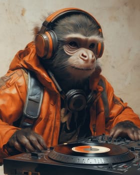 Serious monkey DJ in headphones. Selective focus.