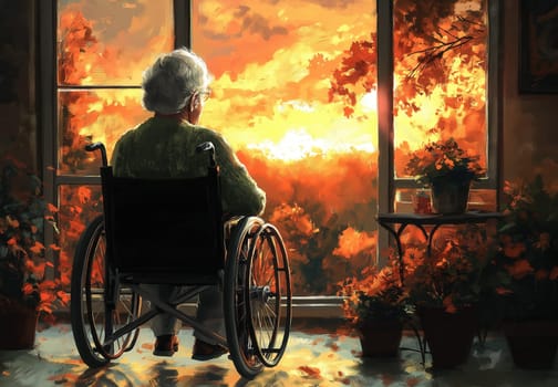 An elderly woman sits in a wheelchair looking out the window. Selective focus.