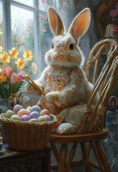 Cartoon Easter bunny paints eggs for the holiday. Selective focus.