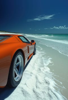 A car is standing on the white sand on the seashore. Selective focus.