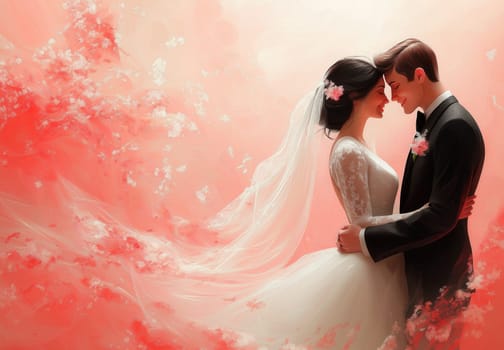 Illustration of a bride and groom on a pink background. Selective focus.