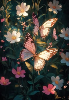 Butterflies fly over flowers on a green background. Selective focus. Selective focus.