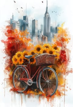 Bike with basket on cityscape and sunflowers background. Selective focus.