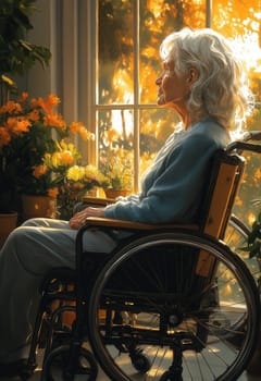 An elderly woman sits in a wheelchair looking out the window. Selective focus.