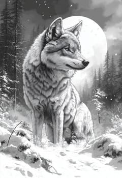 Black and white illustration of a lone wolf in a winter forest. Selective focus.