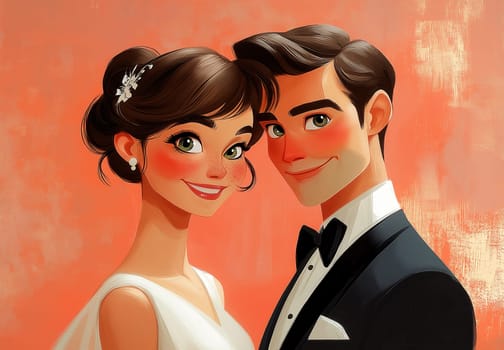 Illustration of a bride and groom on a pink background. Selective focus.