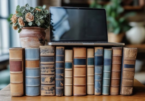 Tablet lying on books, demonstrating fusion of traditional and digital reading. Selective focus.