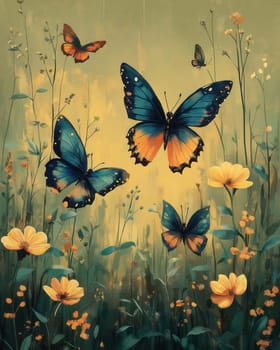 Butterflies fly over flowers on a light background. Selective focus.