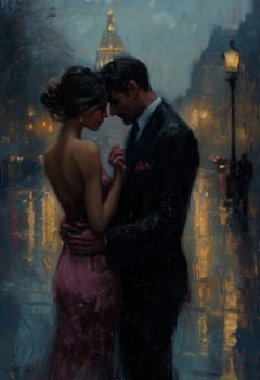 A man and a woman are walking through the evening city. Selective focus.