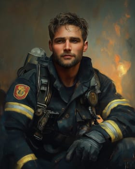 A tired fireman looking into the distance. Selective focus.