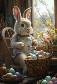 Cartoon Easter bunny paints eggs for the holiday. Selective focus.