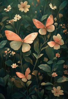 Butterflies fly over flowers on a green background. Selective focus. Selective focus.