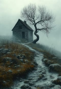 Abandoned house with tree in foggy area. Selective focus.