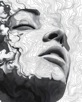 A woman's face with intricate line patterns in monochrome.Selective focus.