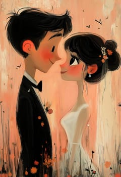 Illustration of a bride and groom on a pink background. Selective focus.