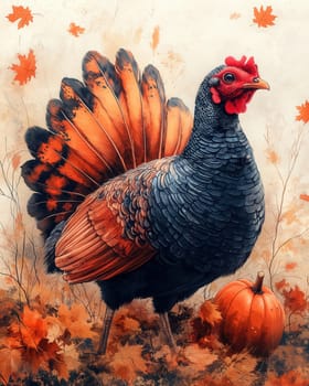 Colorful turkey standing near a pumpkin in a natural landscape. Selective focus.