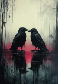 Two crows on abstract background. Selective focus.