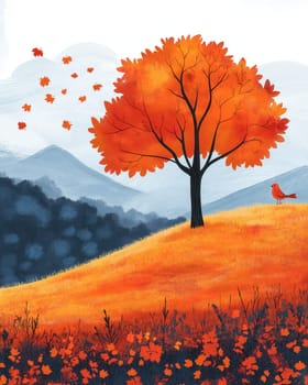 Illustration of tree with autumn leaves. Selective focus.