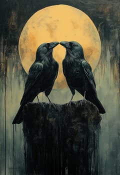 Two crows on abstract background. Selective focus.