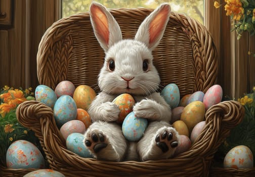 Cartoon Easter bunny and colorful eggs. Selective focus.