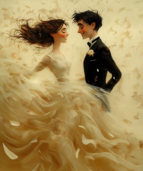 A cartoon illustration of a bride and groom on a cream background. Selective focus.