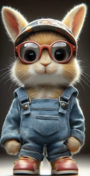 A cartoon rabbit in denim overalls. Selective focus.