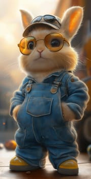 A cartoon rabbit in denim overalls. Selective focus.