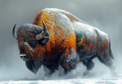 Majestic bison walking in the snow. Selective focus.