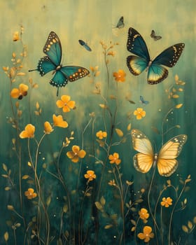 Butterflies fly over flowers on a green background. Selective focus.