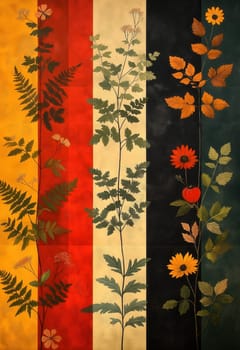 Colored background with branches of leaves on a striped texture. Selective focus.