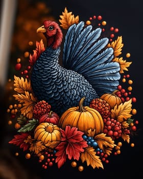 Colorful turkey with pumpkins on dark background. Selective focus.