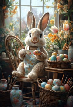 Cartoon Easter bunny paints eggs for the holiday. Selective focus.