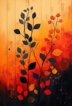 Colored background with branches of leaves on a striped texture. Selective focus.