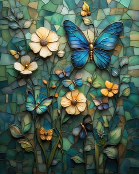 Butterflies fly over flowers on a textured background. Selective focus.
