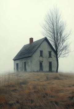 Abandoned house with tree in foggy area. Selective focus.